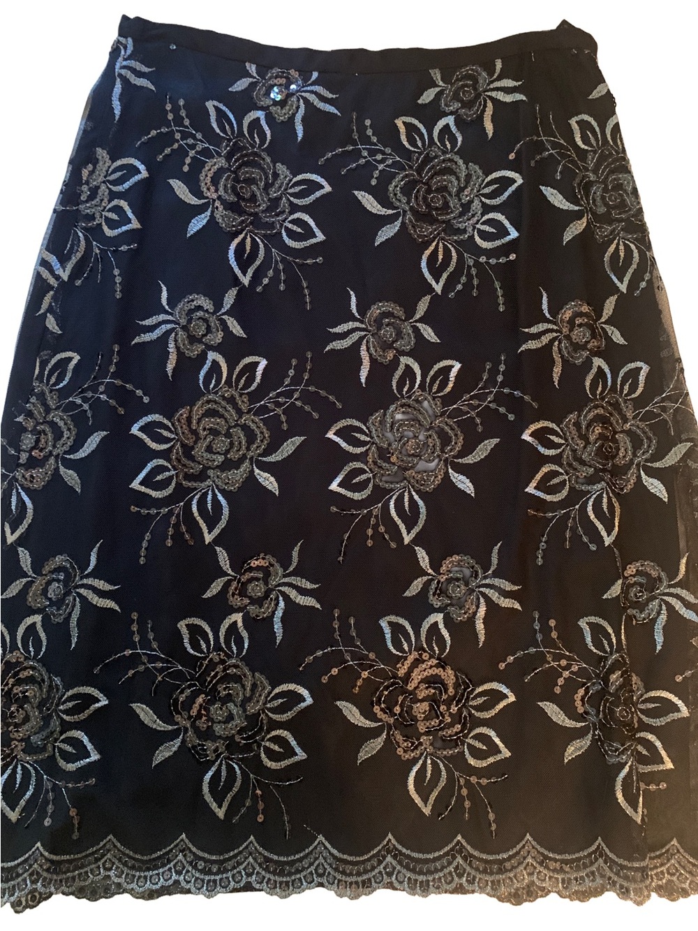 Black Skirt with Silver Floral Embroidery - perfect for the Holidays.